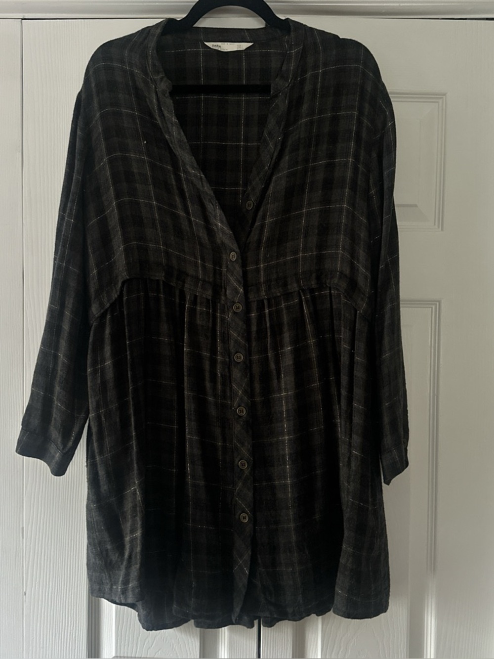 Zara Dark Grey Plaid Button-Front Tunic Shirtdress